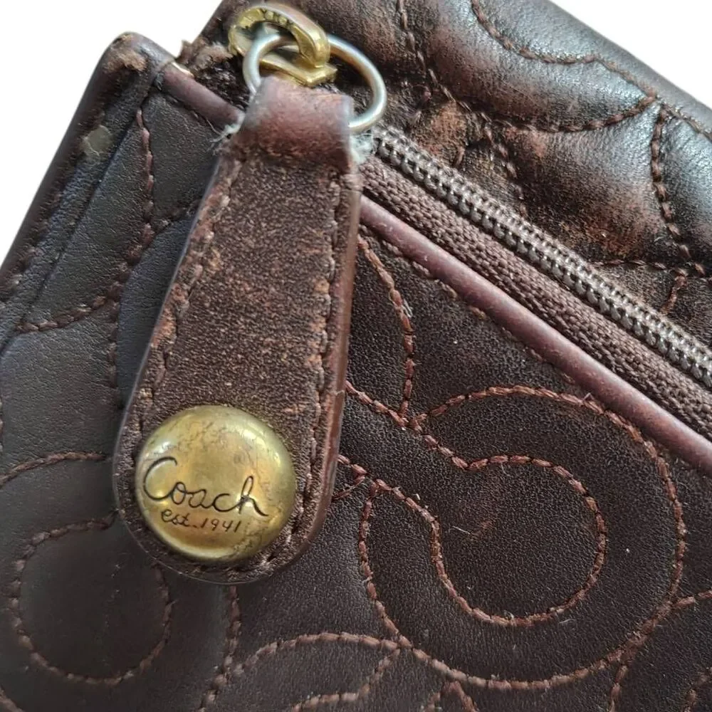 Authentic Coach quilted signature leather trifold wallet in rich brown with a so
